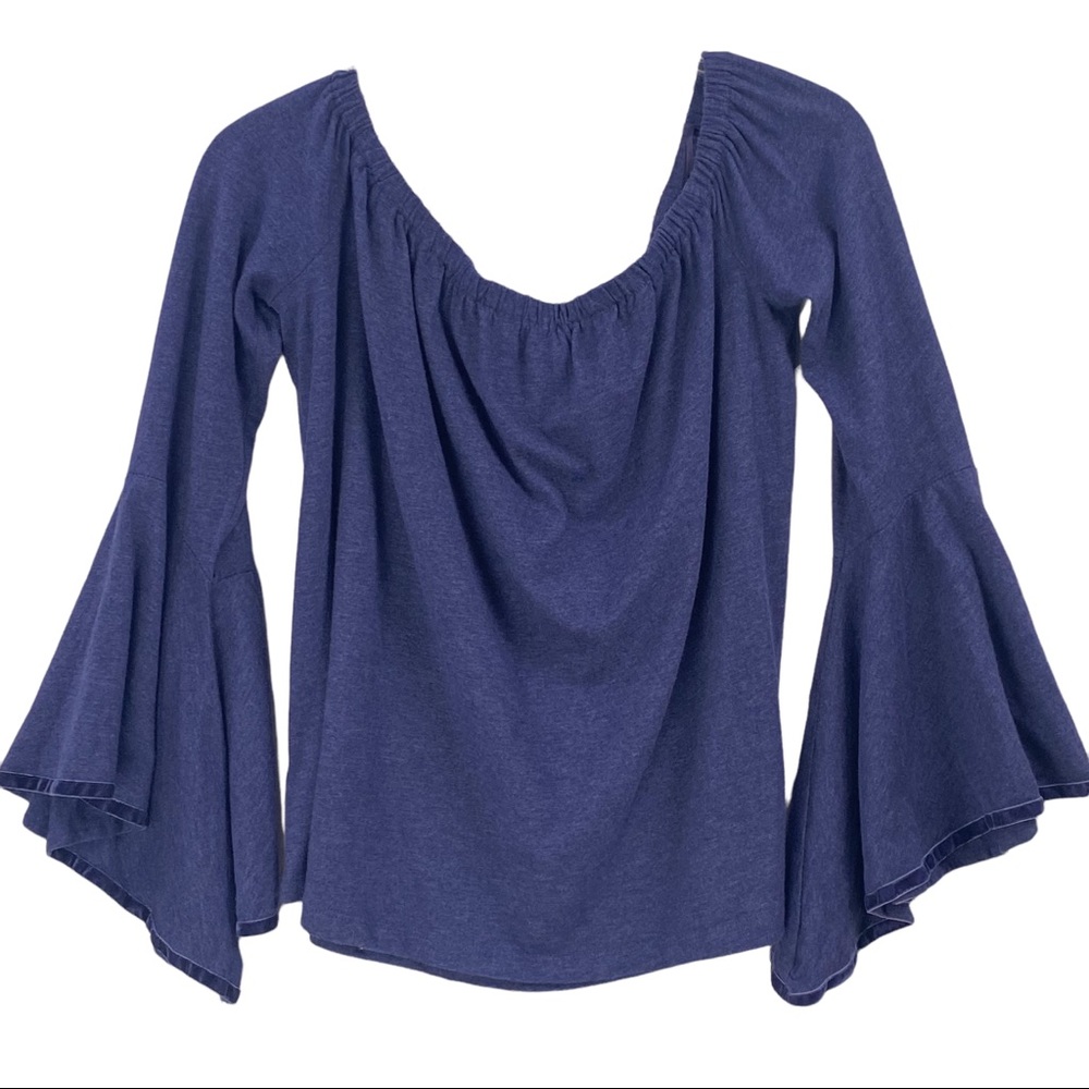 Loft Off the Shoulder Blue Trumpet Sleeved Blouse